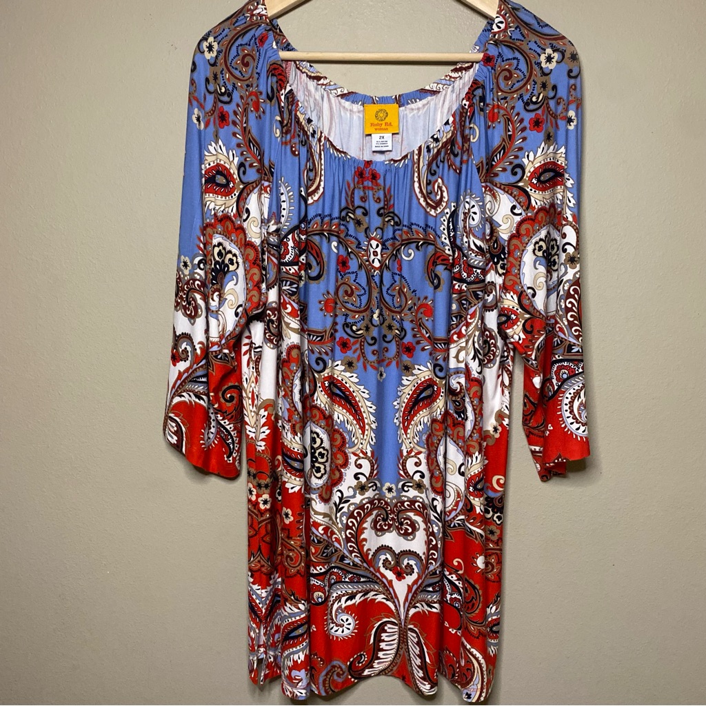 Ruby Paisley Floral Tunic Women 2x Burnt Orange 3/4 Wide Sleeve Office Casual